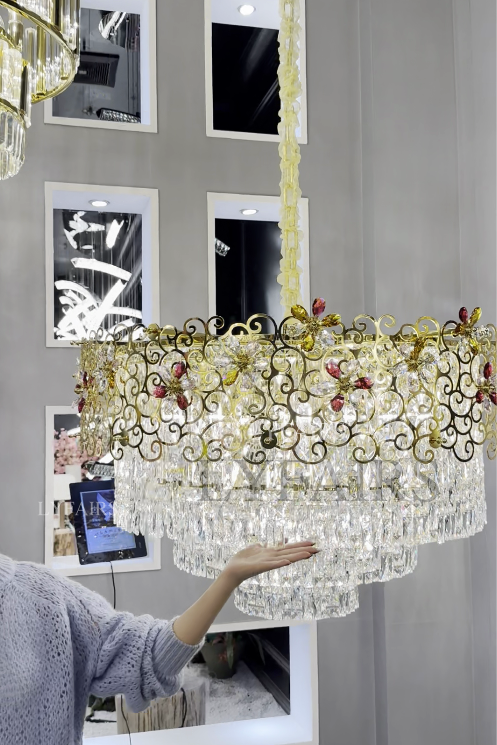 Copper Vineman Crystal Flower Chandelier for Low Ceilings