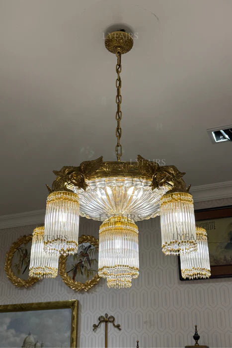 LYFAIRS x FH&Home Baroque Brass Birds Handcrafted Glass Rods Chandelier