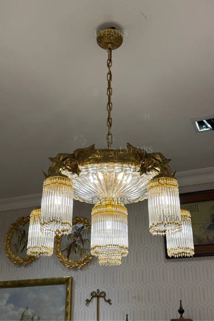 LYFAIRS x FH&Home Baroque Brass Birds Handcrafted Glass Rods Chandelier
