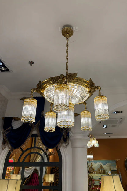 LYFAIRS x FH&Home Baroque Brass Birds Handcrafted Glass Rods Chandelier