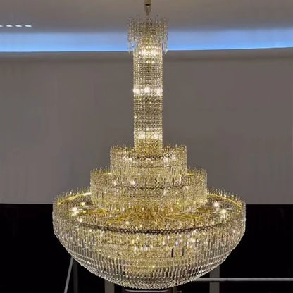 Lampadario di cristallo europeo di lusso in oro di grandi dimensioni a 3 livelli, di media lunghezza, per ingresso/scala/corridoio/ingresso.