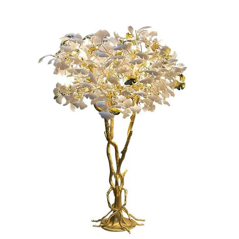 Lampadaire de luxe créatif en céramique blanche, motif branche de Ginkgo Biloba en cuivre, design artistique, idéal pour un salon, une chambre ou un dressing.