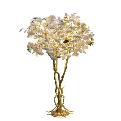 Lampadaire de luxe créatif en céramique blanche, motif branche de Ginkgo Biloba en cuivre, design artistique, idéal pour un salon, une chambre ou un dressing.