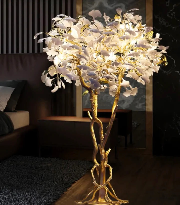 Gold White Ceramic Ginkgo Leaf Copper Branch Floor Lamps For Living Room Bedroom Beauty Salon