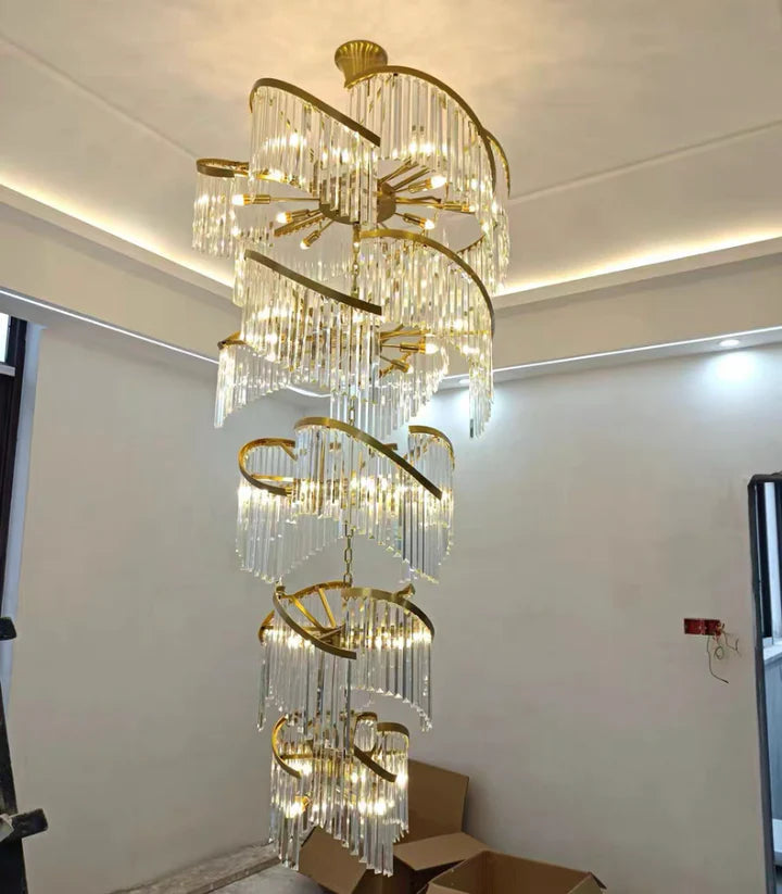 Lustre suspendu extra large en cristal spiralé de luxe pour salon/hall/entrée