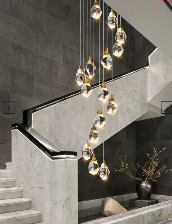 Lustre en pierre à prismes de cristal créatif et moderne pour escalier/hall/loft