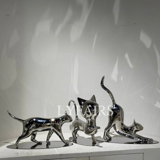 Handcrafted Stainless Steel Cat Art Sculpture with Playful Poses