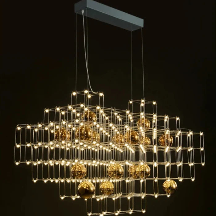 Lampadario moderno a cubo tridimensionale in acciaio inossidabile