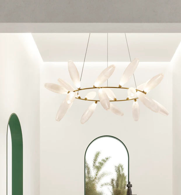 Minimalist Linear Rice Grain Shaped Bulb Iron Chandelier for Dining Room