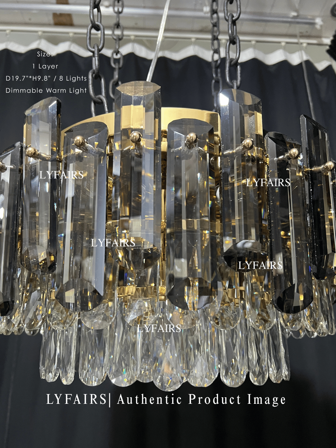 Smoke Gray Crystal Chandelier Flush-Mounted Ceiling Light Fixture Set for Dining Room/Living Room