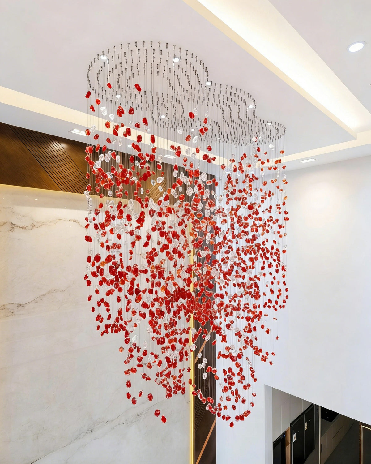Modern Cascading Red Glazed Glass Stone Art Chandelier for Mansion/ Hotel Lobby/Luxury Hall