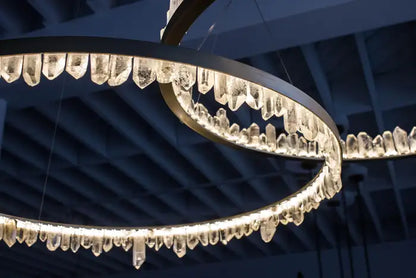 Modern Style Rings Brass & Natural Quartz Crystal Chandelier in Brass/Black Finish