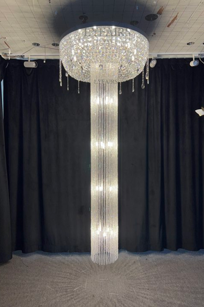 Extra Large Flush Mount Silver Waterfall Luxury Ceiling Crystal Chandelier for High-ceiling Living Room/Duplex Hall