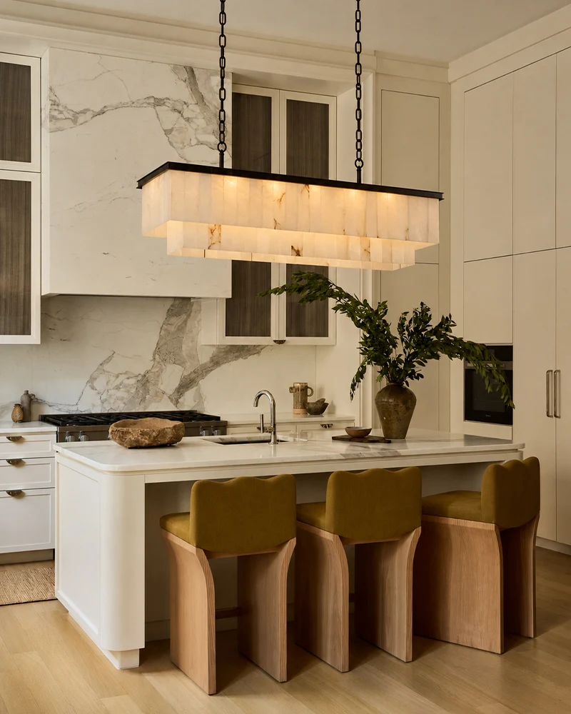 Modern Rectangular 2-tier Alabaster Chandelier for Dining Room