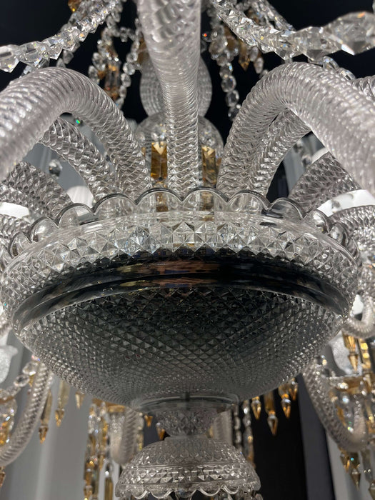 Lampadario di lusso classico a più livelli con paralume in cristallo giallo e candela, grande e luminoso, per stanze con soffitti alti/soggiorno