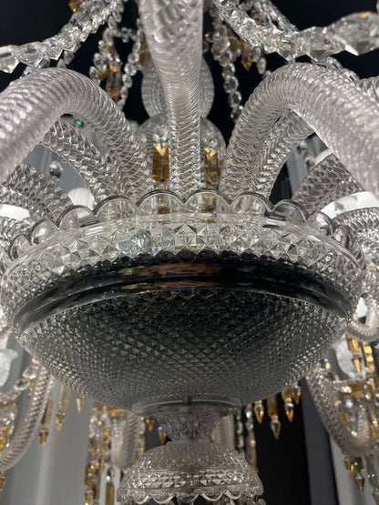 Lampadario di lusso classico a più livelli con paralume in cristallo giallo e candela, grande e luminoso, per stanze con soffitti alti/soggiorno