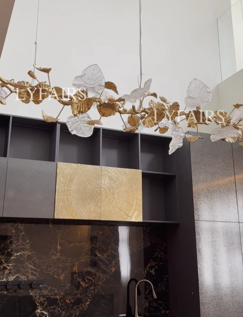 Nature-inspired Linear Brass Branches Chandelier with Glass Leaves
