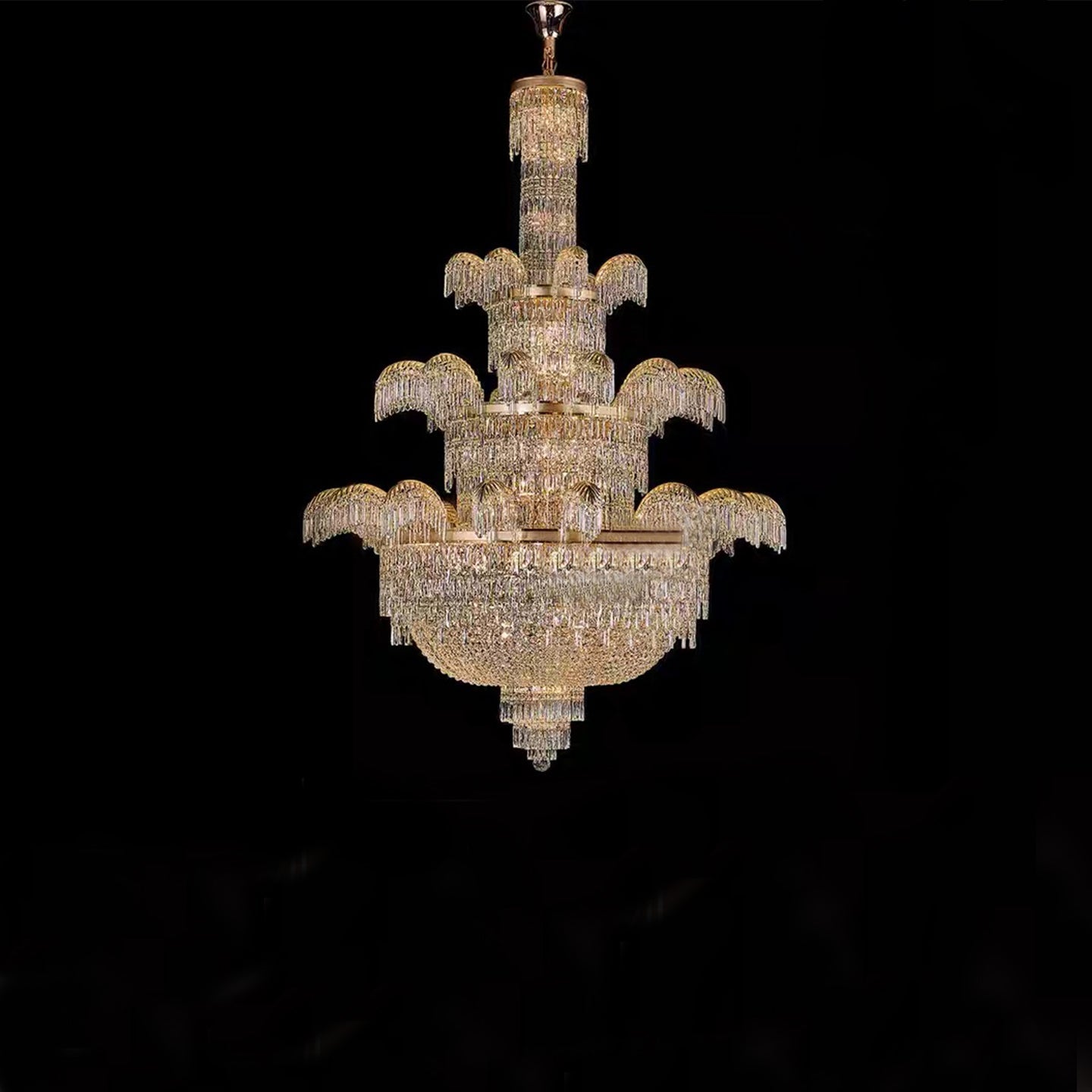 Palatial Golden-Tiered Waterfall-Inspired Crystal Chandelier for High-ceiling