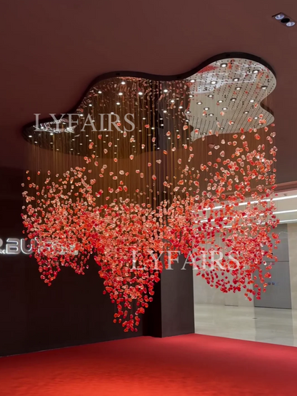 Modern Cascading Red Glazed Glass Stone Art Chandelier for Mansion/ Hotel Lobby/Luxury Hall