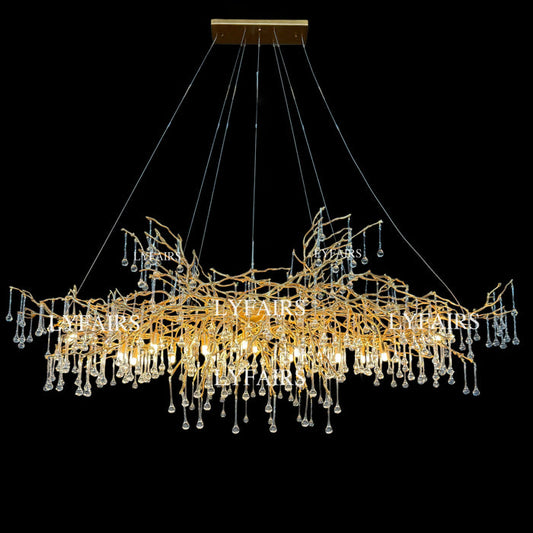 Lampadario a sospensione in ottone extra large di nuova concezione con gocce di cristallo, per soggiorno/sala da pranzo
