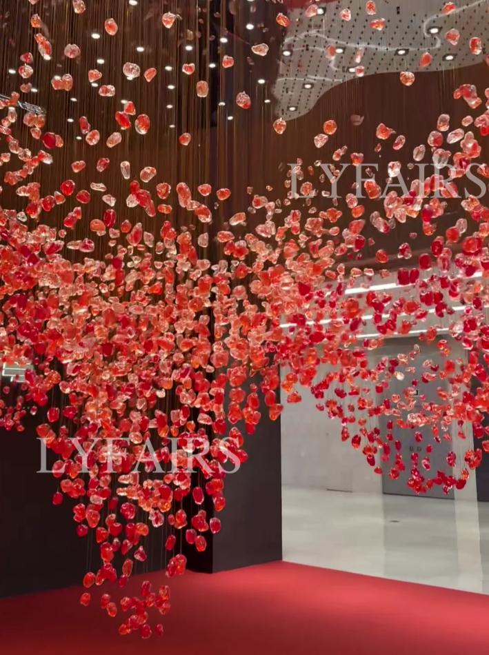 Modern Cascading Red Glazed Glass Stone Art Chandelier for Mansion/ Hotel Lobby/Luxury Hall