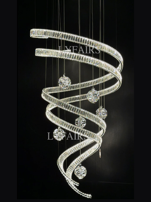 Contemporary Spiral Twisted Ribbon K9 Crystal Ball Staircase Chandelier