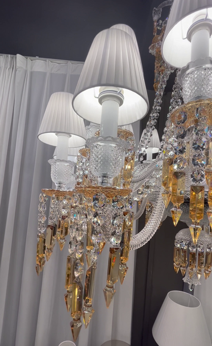 Lampadario di lusso classico a più livelli con paralume in cristallo giallo e candela, grande e luminoso, per stanze con soffitti alti/soggiorno