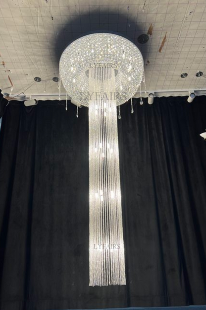 Extra Large Flush Mount Silver Waterfall Luxury Ceiling Crystal Chandelier for High-ceiling Living Room/Duplex Hall