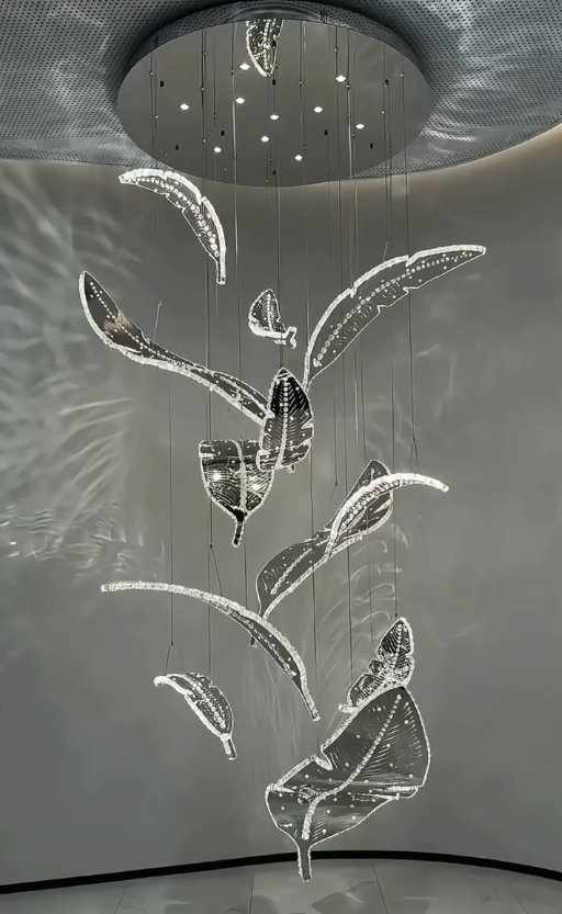 Modern Floating Sculptural Banana Leaf Crystal Ceiling Light