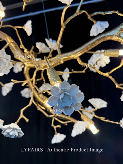 Post-Modern Art Brass and Ceramics Flower Pendant Branch Chandelier for Living/Dining Room