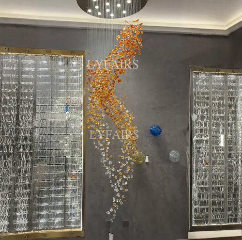 Modern Cascading Spiral Orange Glazed Glass Stone Chandelier for High Ceiling