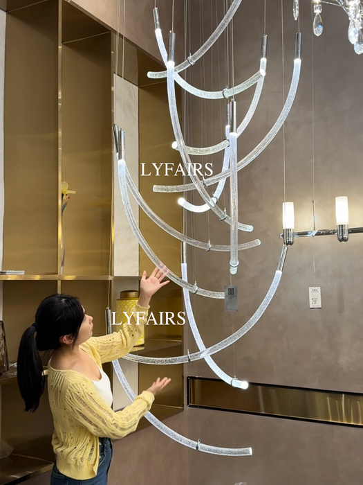 Modern Sculptural Curved Air Bubble Crystal Rod LED Chandelier