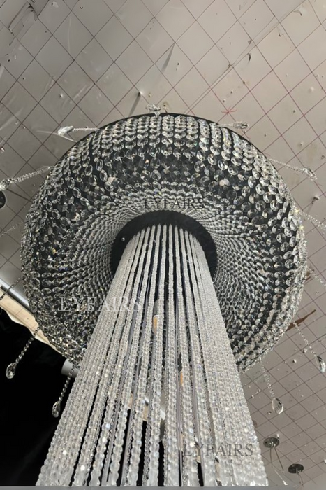 Extra Large Flush Mount Silver Waterfall Luxury Ceiling Crystal Chandelier for High-ceiling Living Room/Duplex Hall