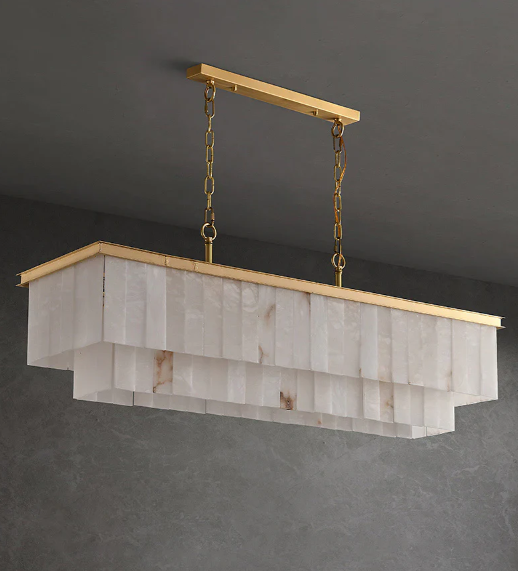 Modern Rectangular 2-tier Alabaster Chandelier for Dining Room
