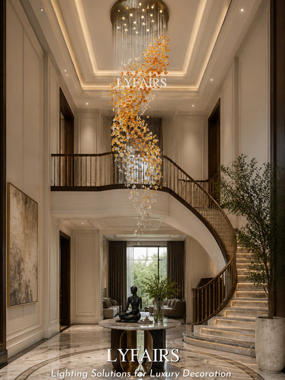 Modern Cascading Spiral Orange Glazed Glass Stone Chandelier for High Ceiling