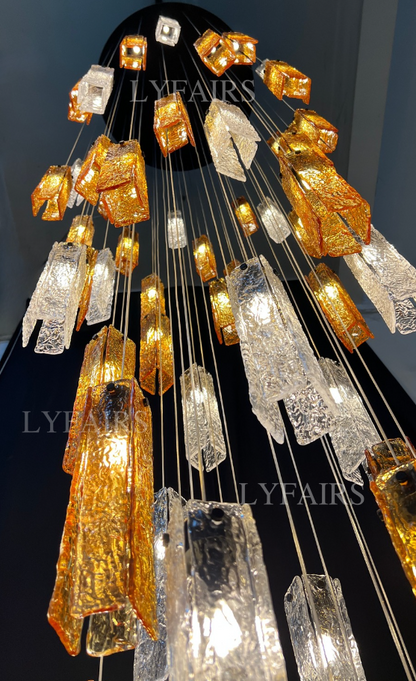 Modern Colorful Rectangle Cluster Glass Tile Staircase Chandelier