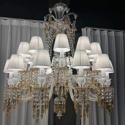 Lampadario di lusso classico a più livelli con paralume in cristallo giallo e candela, grande e luminoso, per stanze con soffitti alti/soggiorno