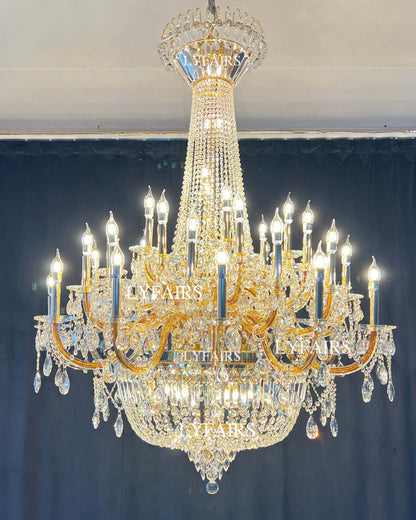 Lampadario a candela in stile impero tradizionale in oro extra large di lusso, con pendente in cristallo per scale/atrio