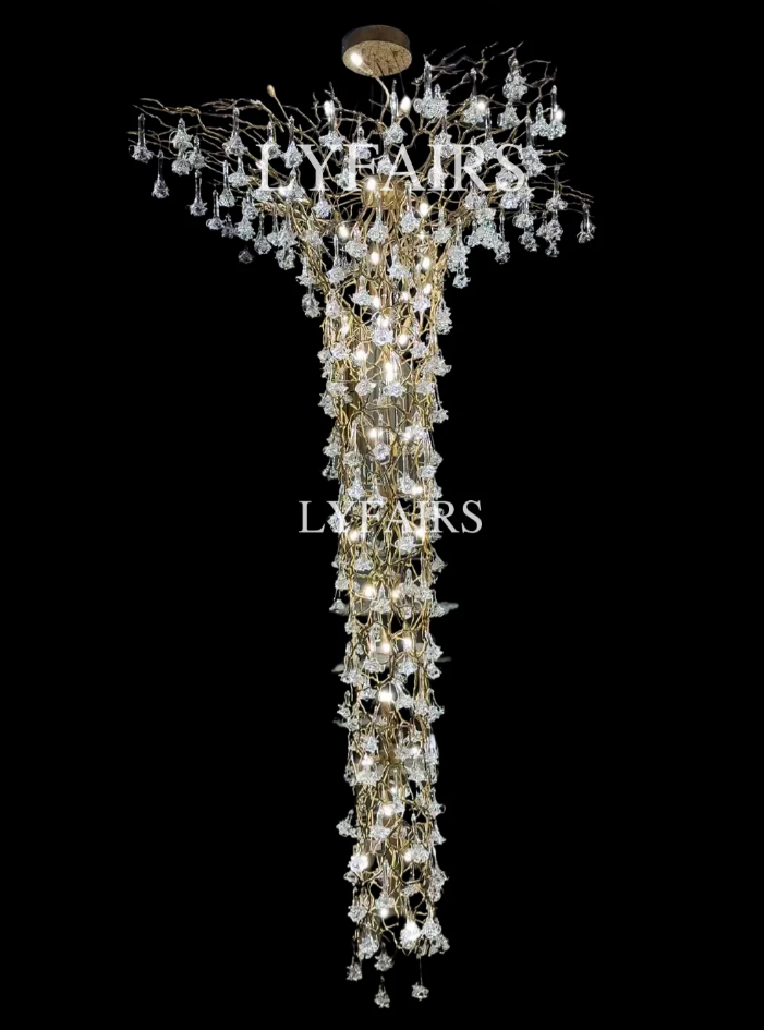 Nature-inspired Brass Tree Chandelier with Glazed Glass Flowers