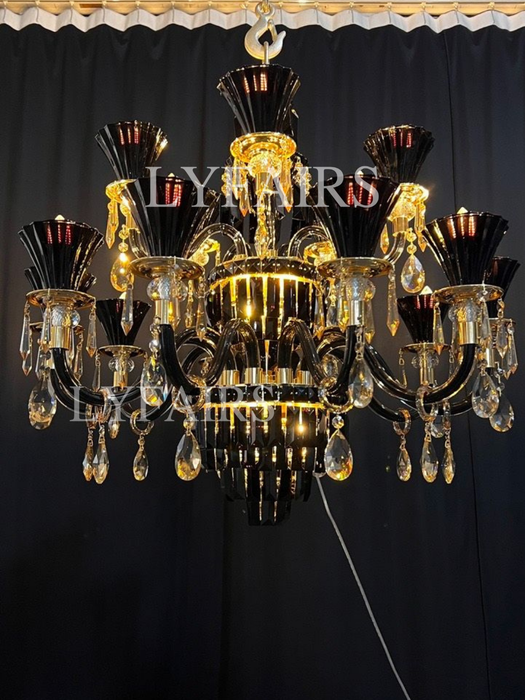 Lampadario di cristallo tradizionale americano con rami di candela, nero e oro, lampadario di lusso per soggiorno/sala da pranzo