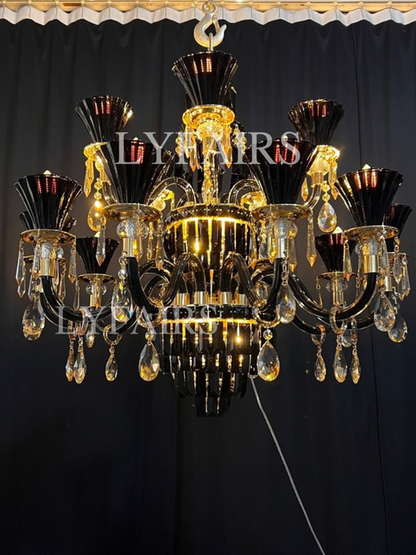 Lampadario di cristallo tradizionale americano con rami di candela, nero e oro, lampadario di lusso per soggiorno/sala da pranzo