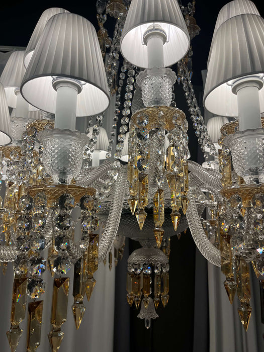 Lampadario di lusso classico a più livelli con paralume in cristallo giallo e candela, grande e luminoso, per stanze con soffitti alti/soggiorno