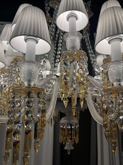 Lampadario di lusso classico a più livelli con paralume in cristallo giallo e candela, grande e luminoso, per stanze con soffitti alti/soggiorno