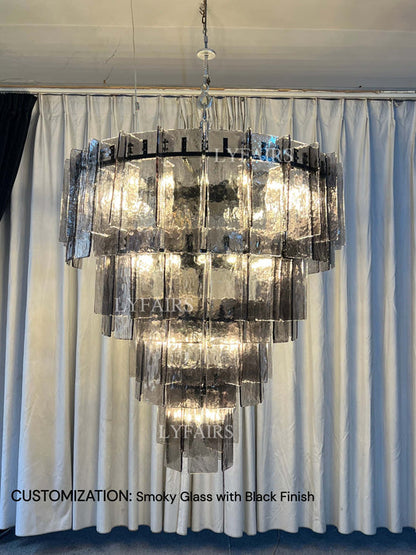 Vintage Inspired Tiered Clear/Smoky Gray Rippled Cast Glass Chandelier