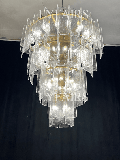 Vintage Inspired Tiered Clear/Smoky Gray Rippled Cast Glass Chandelier
