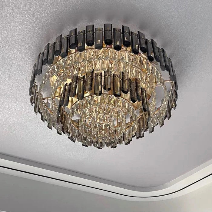 Smoke Gray Crystal Chandelier Flush-Mounted Ceiling Light Fixture Set for Dining Room/Living Room