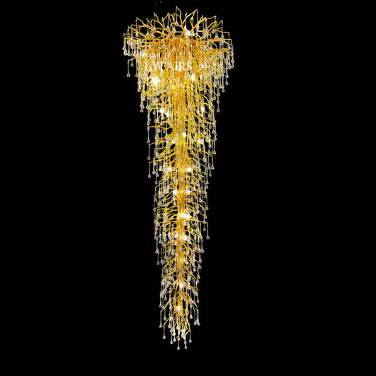 Extra Large Brass Tree Branch Crystal Drops Chandelier For Staircase/Entrance Hall