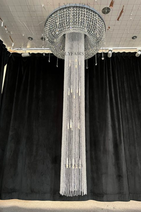 Extra Large Flush Mount Silver Waterfall Luxury Ceiling Crystal Chandelier for High-ceiling Living Room/Duplex Hall