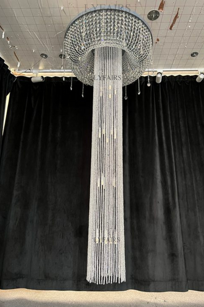 Extra Large Flush Mount Silver Waterfall Luxury Ceiling Crystal Chandelier for High-ceiling Living Room/Duplex Hall