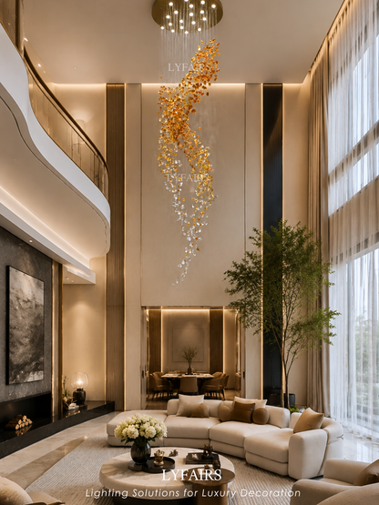 Modern Cascading Spiral Orange Glazed Glass Stone Chandelier for High Ceiling